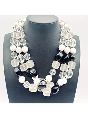Chunky Liz Claiborne 3 Strand Necklace Statement Black White Clear Gold Beads18”